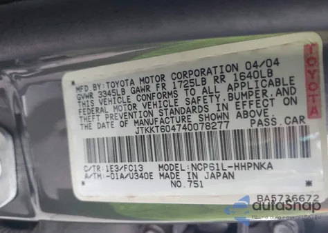 2004 Scion Xa z USA, uszkodzony, nr VIN JTKKT604740078277